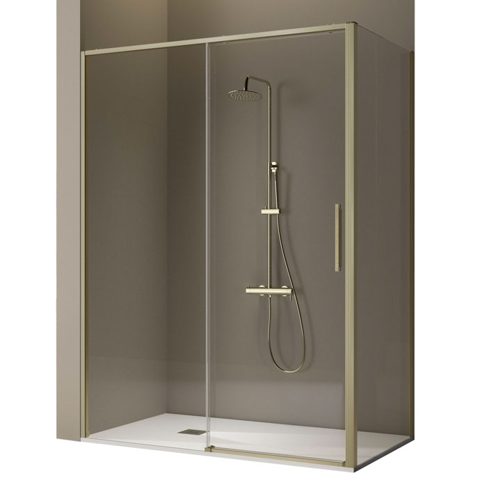 Mampara de ducha dorada 100x80 cm, transparente, pentagonal derecha AROSA  dorada, acceso frontal